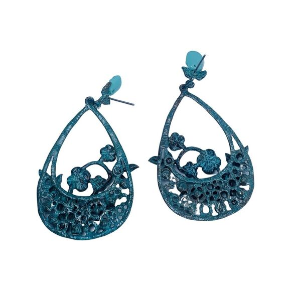 Betsey Johnson TEAL PATINA Skull Large Hoop Earrings 2" Crystal Statement - Picture 10 of 12